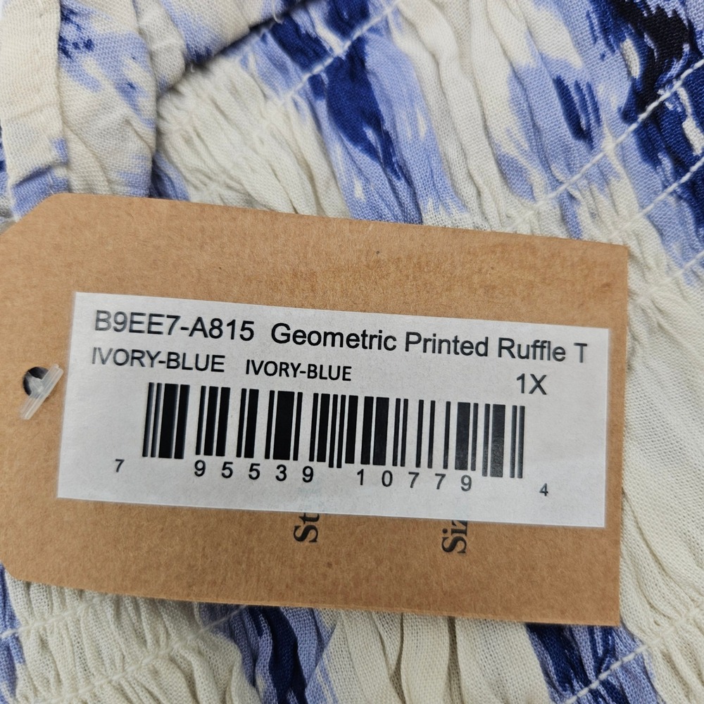 Romantic‎ Gypsy Geometric Printed Ruffle Tiered Dress Ivory Blue 1X - Picture 3 of 8
